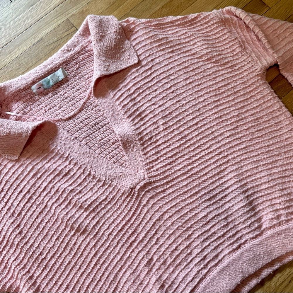 FP Beach Ribbed Sweater Dusty Pink Ribbed‎ V-Neck Collar Med Cropped Free People